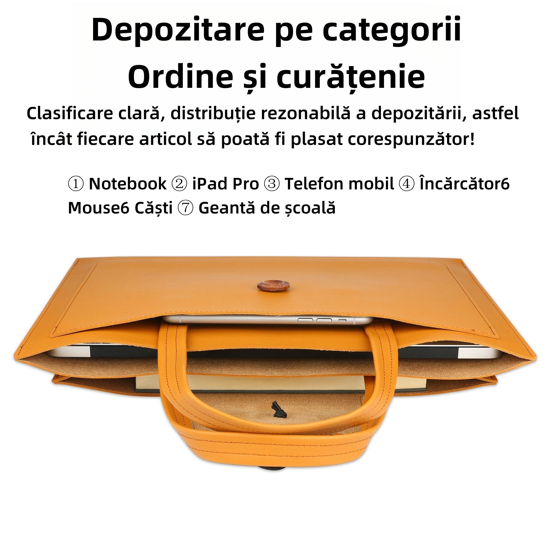 Servieta pentru laptop, clasificare si organizare, impermeabila si rezistenta la uzura, capacitate mare, usor de transportat, 3 compartimente, 16 inch, galben mustar