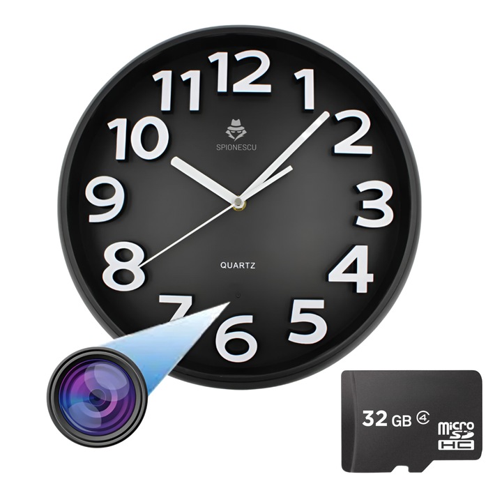 Шпионска камера в стенен часовник, Spionescu, C8, 32 GB, Full HD, Wi-Fi, детекция на движение, 24/7 запис, широк ъгъл 90°, батерия 2500 mAh, автономност 6 часа, черен