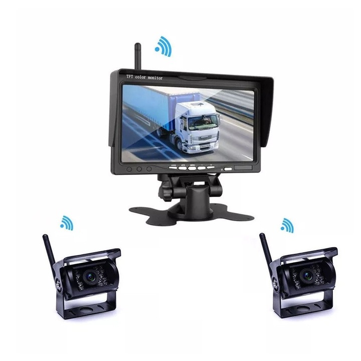 Kit Wireless 2 Camere Marsarier + Display 7″ Autoutilitare, Camioane Functie BSD, Night Vision IR