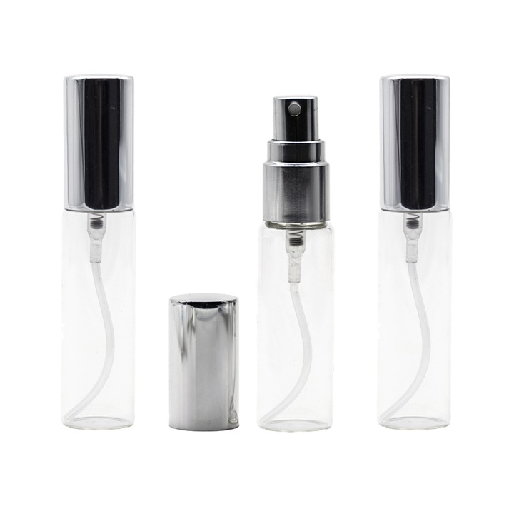 Set 3 bucati recipiente din sticla transparenta 10 ml si pulverizator, capac argintiu, Flory