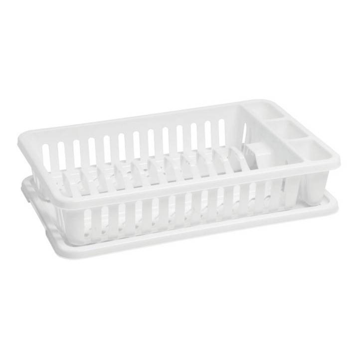 Suport pentru uscare vase Antbro® cu tava, alb, plastic, 26.5 x 42 x 8.8 cm