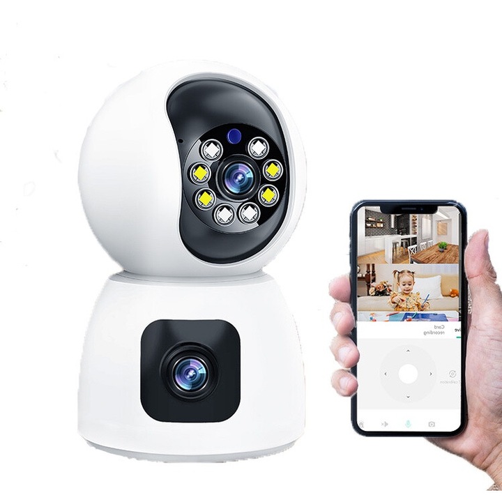 Arkode™ Pro100 kétlencsés megfigyelő kamera, 355 fokos megfigyelési szög, 3 MP, babafigyelő mód, HD éjszakai látás, személy- és állatérzékelés, hangérzékelés, kétirányú hang, riasztás, vaku riasztás