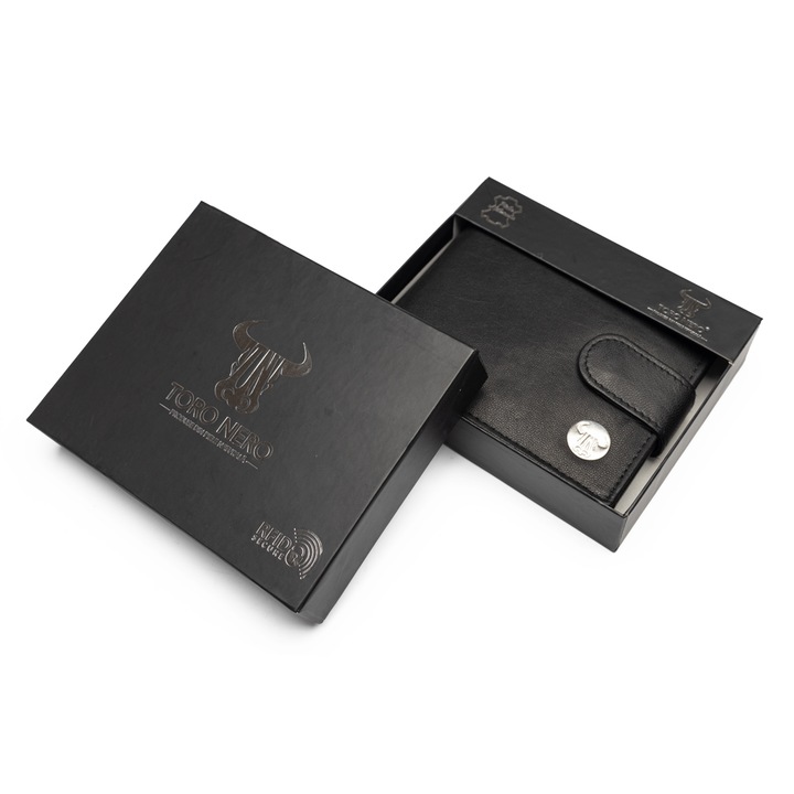 Мъжки кожен портфейл, Toro Nero, RFID защита, ID карта, Viki, черен мат