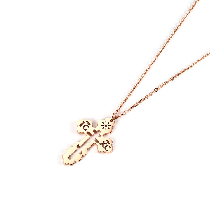 Ortodox kereszt medál, 20x30mm, lánc hossza 45cm+5cm, rózsaszín arany színű