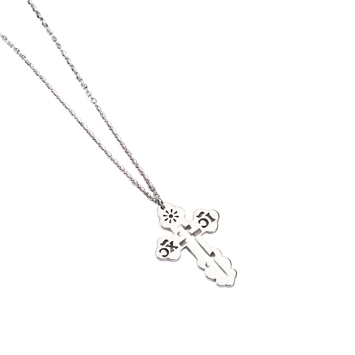 Pandantiv cruce ortodoxa, pentru femei fete mame si fiice, 20x30mm, lungime lant 45cm+5cm, argintiu