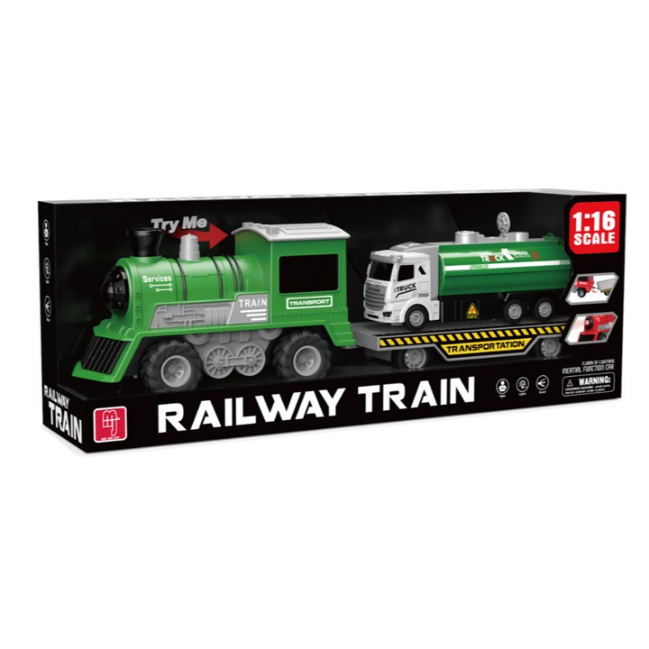 Locomotiva clasica cu vagon de transport masini, GHEMOTOC®, jucarie cu sunete si lumini, scara 1:16, verde