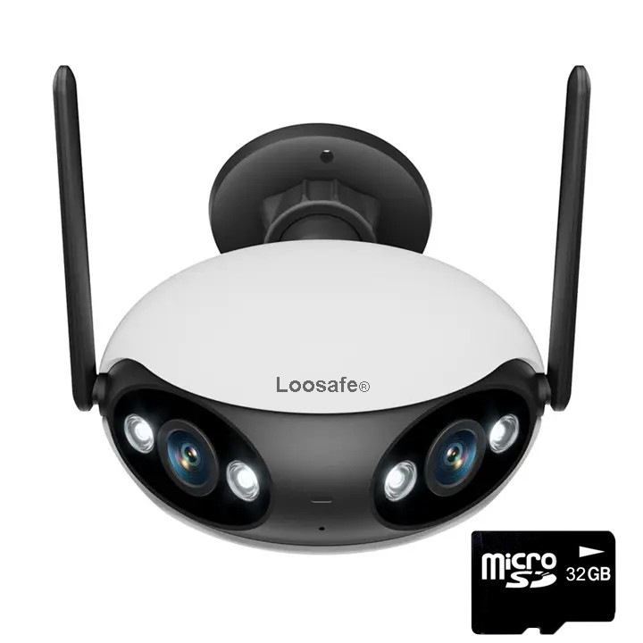 Dupla vezeték nélküli CCTV megfigyelő kamera Loosafe Double Eagle Plus+, Ultra széles 180 fokos, 8 MP, kültéri / beltéri, Ultra HD, 5X zoom, LED-ek, kétirányú kommunikáció, mozgásérzékelő, WiFi funkció, 32 GB-os kártya, fehér