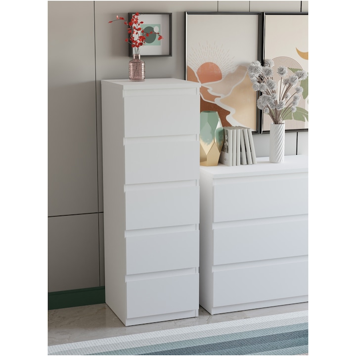 Comoda Forte Edmore, dimensiuni 41.8x 128x 42.2 cm, alb mat, 5 sertare