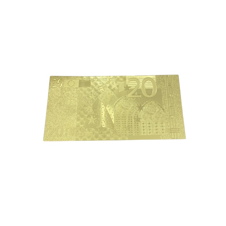 Bancnota Golden 20 Euro pentru colectionari, confectionata din material ce imita perfect metalul, printare pe ambele fete, dimensiune 133 X 71 mm, exterior auriu