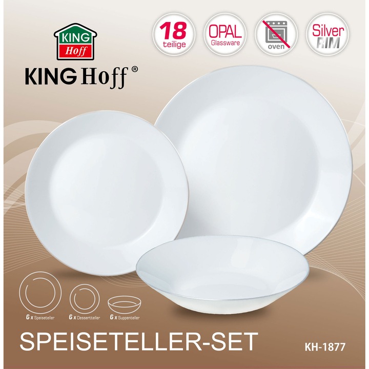 Комплект чинии, Kinghoff, KH-1877, 18 части, керамични, бели със сребрист бордюр, за 6 души