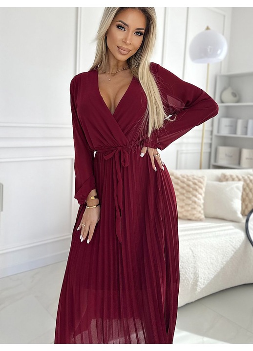 Плисирана рокля от шифон, Numoco, дантелено деколте, дълги ръкави, бордо, лек материал, Един размер INTL