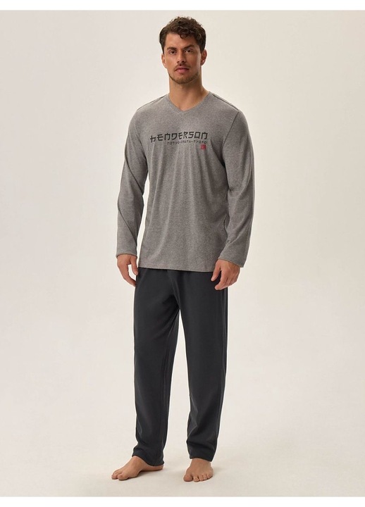 Мъжки пижамен комплект Henderson, сив, памук, дълъг ръкав, панталон до глезена