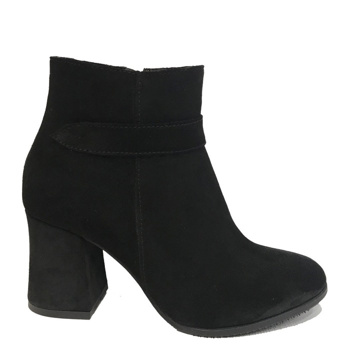 Botine dama cu toc gros din piele naturala intoarsa negru, Negru