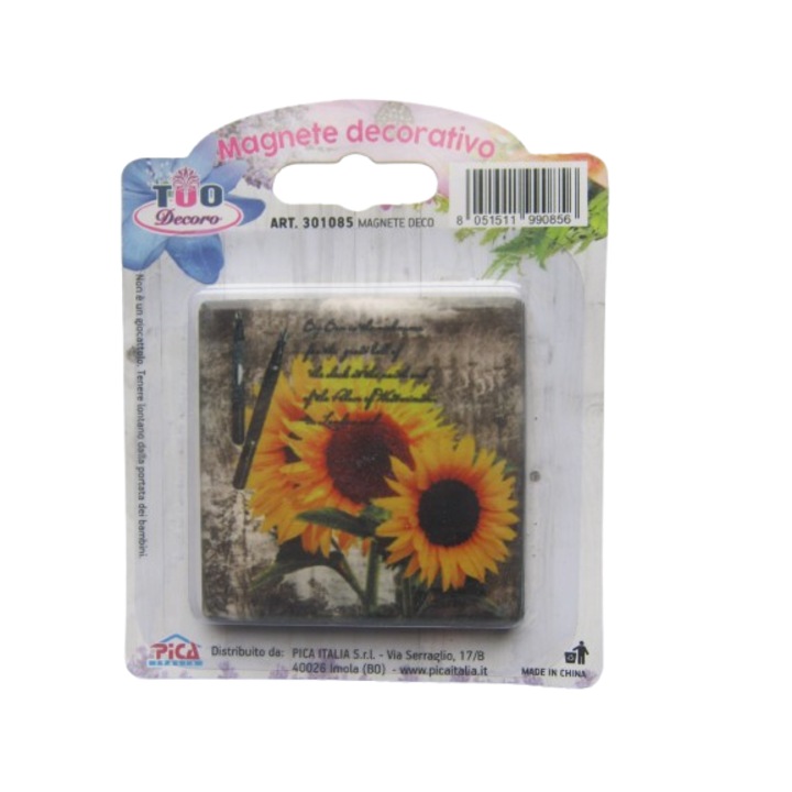 Magnet decorativ Tuo Decoro, 6 x 6 cm, floarea soarelui, ceramica, multicolor