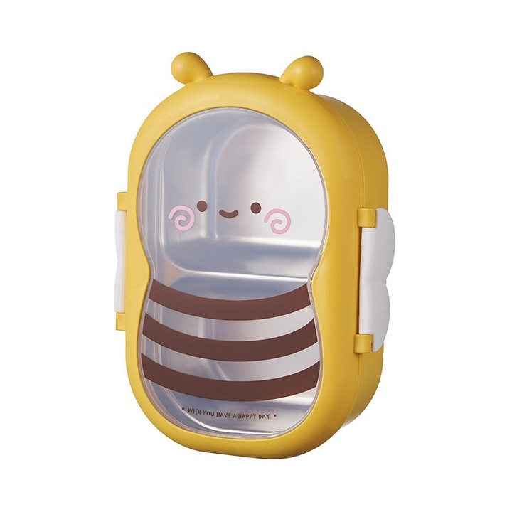 Cutie pentru Pranz, Cyrax, din PP si Otel Inoxidabil, Model Albina, 2 Compartimente, 301-500 ml, Galben