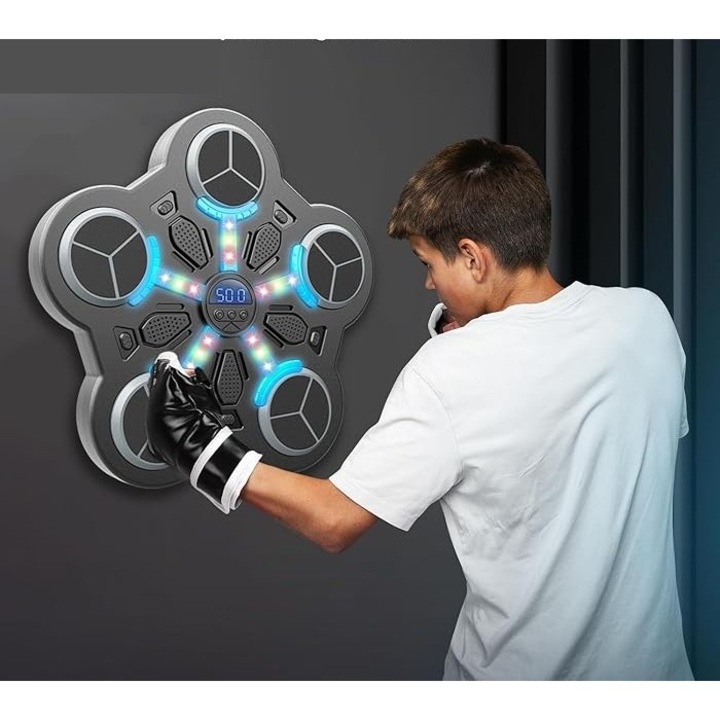 Jucarie de Boxat cu Muzica si Lumini, OEM, Manusi Incluse, Bluetooth, Incarcare USB, Aplicare cu Ventuze, 5 Tinte, 33x33x4.5 cm, 930 g, Negru