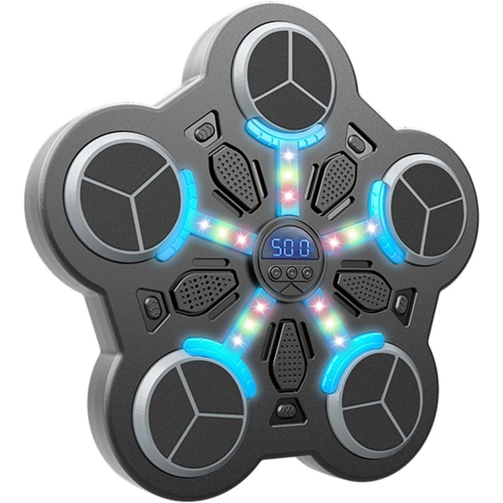 Bokszjáték zenével és fényekkel, Cyrax, kesztyűvel, Bluetooth, USB töltés, tapadókorongos alkalmazás, 5 célpont, 33x33x4,5 cm, 930 g, fekete