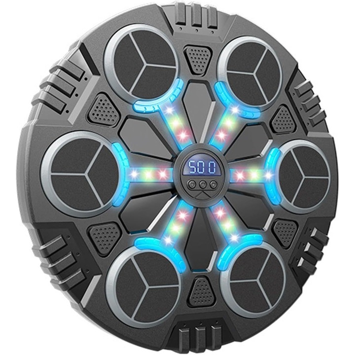 Boksz céltábla játék zenével és fényekkel, Flippy, kesztyűt tartalmaz, Bluetooth, USB töltés, tapadókorong alkalmazás, 6 célpont, 32x27x3,5 cm, 930 g, fekete