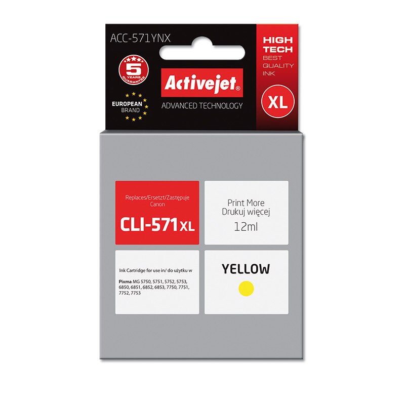 Cartus compatibil CLI-571 Yellow XL pentru Canon, 12 ml, Premium Activejet, Garantie 5 ani
