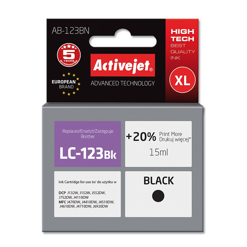 Cartus compatibil LC123 black pentru Brother LC-123BK, 15 ml, Premium Activejet, Garantie 5 ani