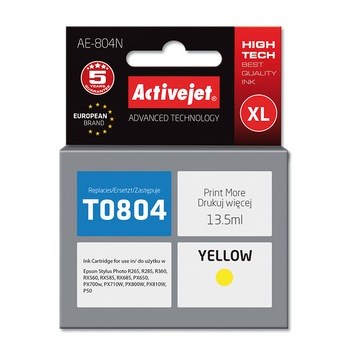 Cartus compatibil T0804 yellow pentru Epson C13T08034010, 13.5 ml, Premium Activejet, Garantie 5 ani Cartus compatibil T0804 yellow pentru Epson C13T08034010, 13.5 ml, Premium Activejet, Garantie 5 ani