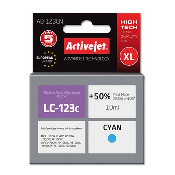 Cartus compatibil LC123 cyan pentru Brother LC-123C, 10 ml, Premium Activejet, Garantie 5 ani Cartus compatibil LC123 cyan pentru Brother LC-123C, 10 ml, Premium Activejet, Garantie 5 ani
