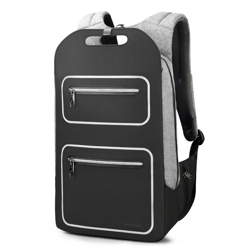 Rucsac laptop 15.6", design subtire, impermeabil, cu buzunar antifurt si port USB, Tigernu, 50x30x12 cm, Negru/Gri