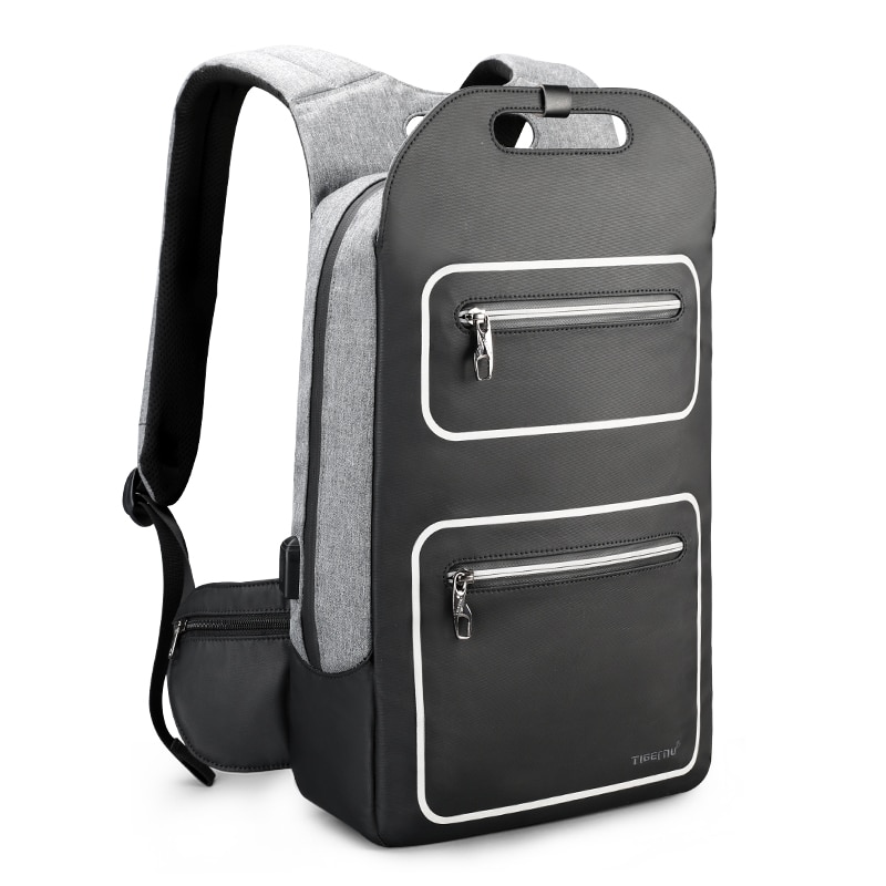 Rucsac laptop 15.6", design subtire, impermeabil, cu buzunar antifurt si port USB, Tigernu, 50x30x12 cm, Negru/Gri