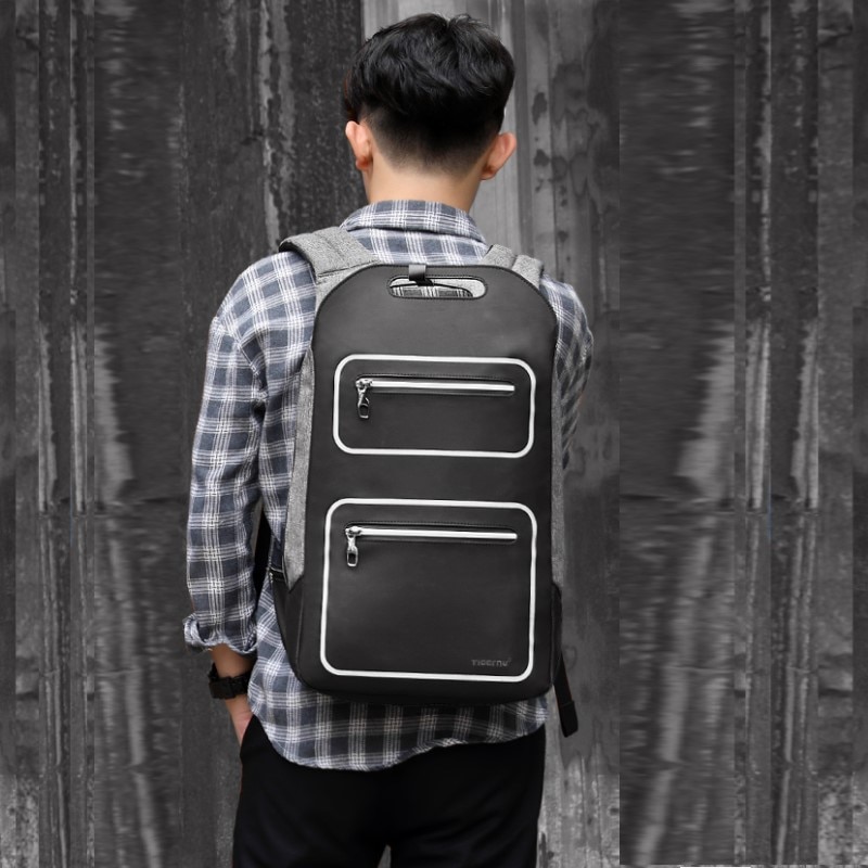 Rucsac laptop 15.6", design subtire, impermeabil, cu buzunar antifurt si port USB, Tigernu, 50x30x12 cm, Negru/Gri