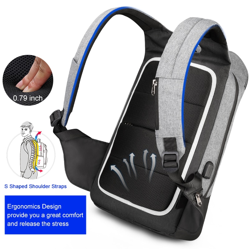 Rucsac laptop 15.6", design subtire, impermeabil, cu buzunar antifurt si port USB, Tigernu, 50x30x12 cm, Negru/Gri