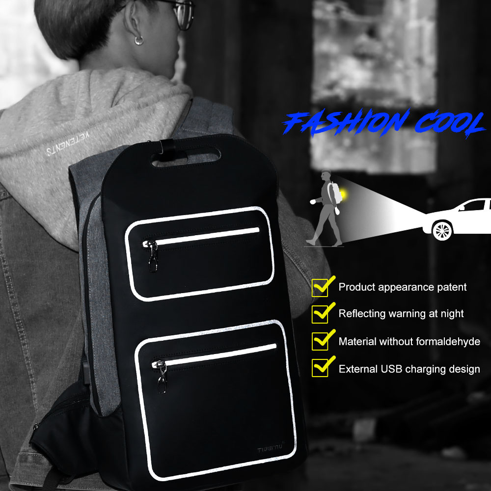 Rucsac laptop 15.6", design subtire, impermeabil, cu buzunar antifurt si port USB, Tigernu, 50x30x12 cm, Negru/Gri