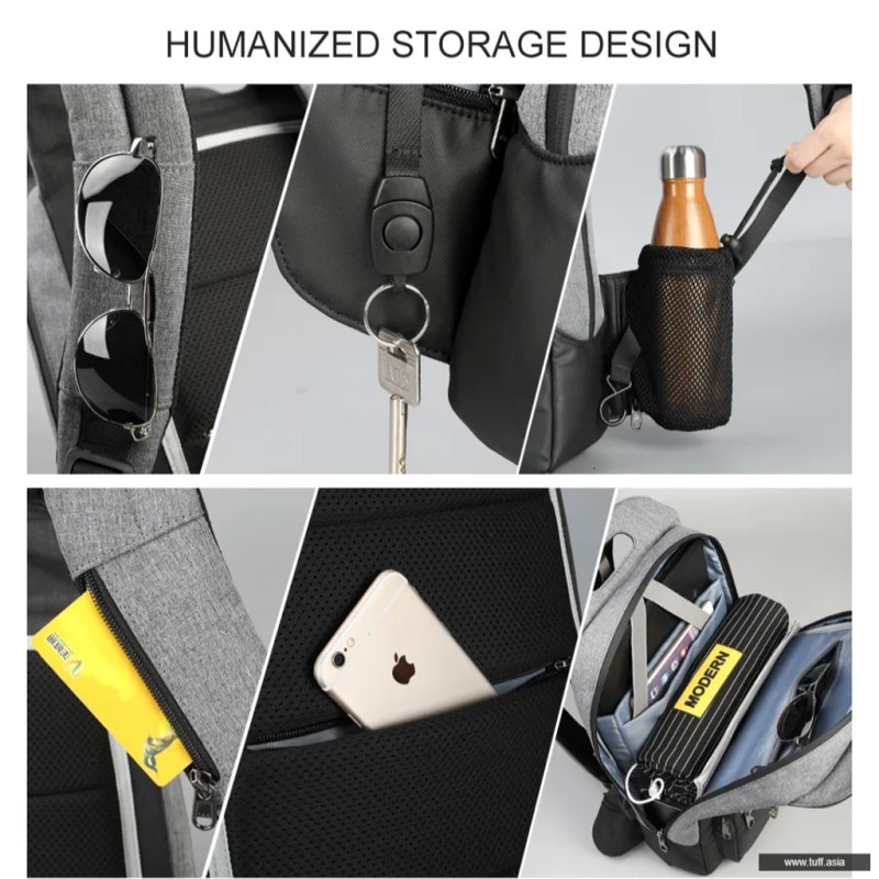 Rucsac laptop 15.6", design subtire, impermeabil, cu buzunar antifurt si port USB, Tigernu, 50x30x12 cm, Negru/Gri