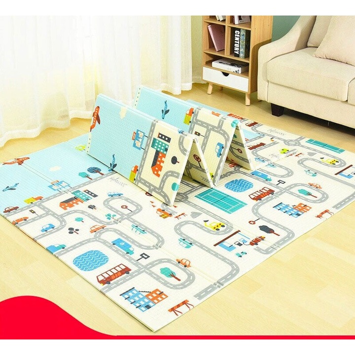 Covor Joaca Copii termic pliabil 200x180x1.0 cm, educational din spuma XPE, 2 fete oras/girafa masuratoare cu geanta depozitare