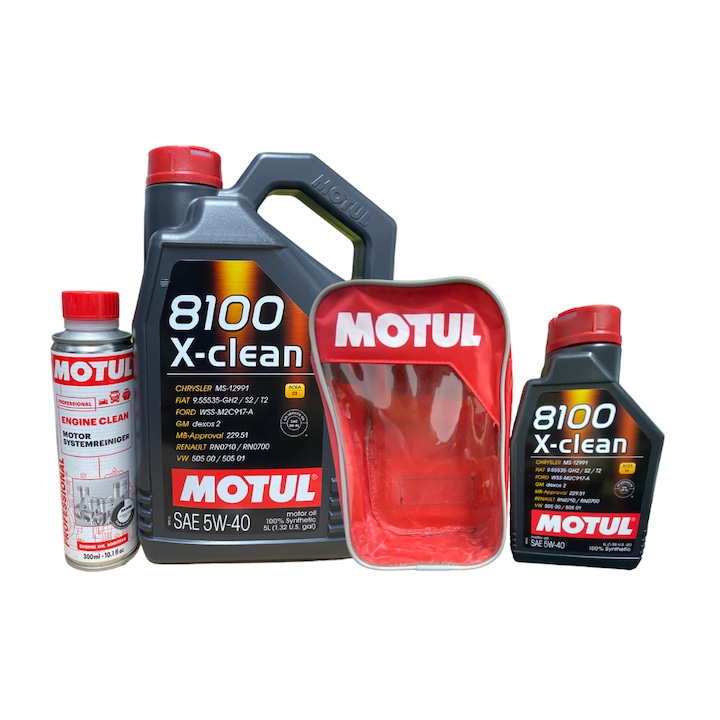 Pachet Motul, Ulei Motul, 8100X-CLEAN 5W40 5L, Aditiv, spalare motor, 300ml, Ulei Motul, 8100X-CLEAN 5W40 1L, Husa pentru bidon