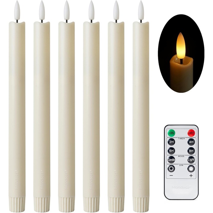 Set de 6 Lumanari LED MONDESA®, Elegante, Decorative cu Efect Realistic de Flacara cu Telecomanda, Auto-Timer, Functii Multiple, Perfecte pentru Ambianta si Sarbatori, Ivory