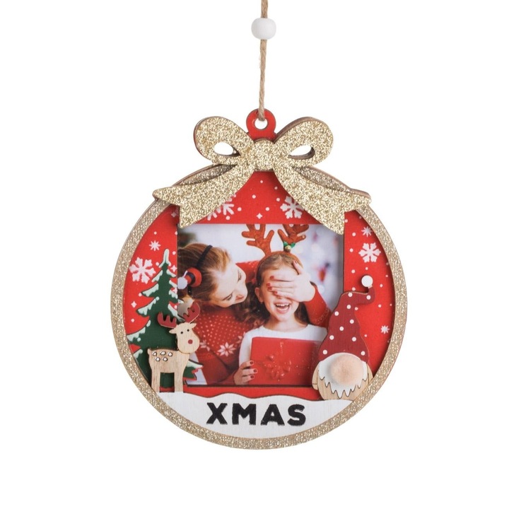 Ornament Decorativ de Craciun Shopiens® Glob Rama Foto, 13 x 15 cm