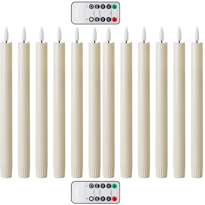 Set de 12 Lumanari LED MONDESA®, Elegante, Decorative cu Efect Realistic de Flacara cu Telecomanda, Auto-Timer, Functii Multiple, Perfecte pentru Ambianta si Sarbatori, Ivory