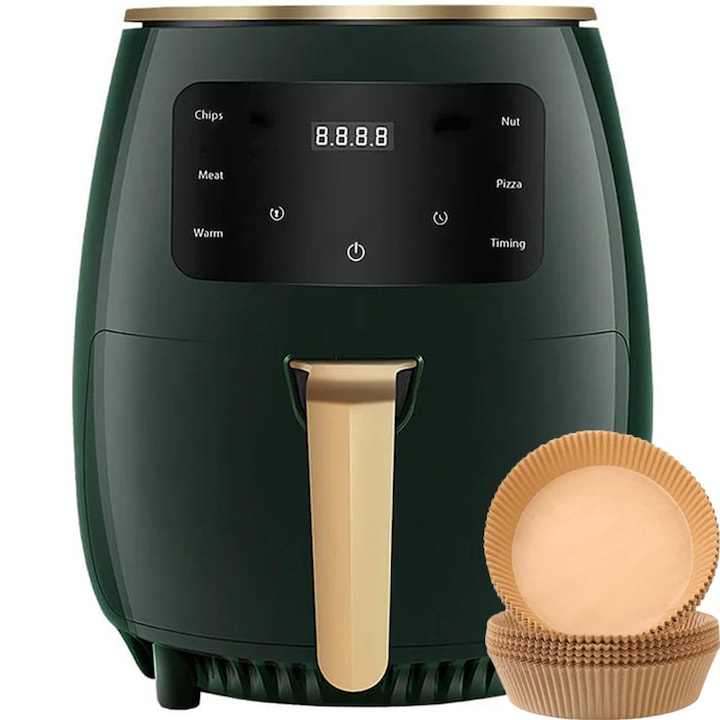 Фритюрник с горещ въздух, без олио, HOZRO Air Fryer, мощност 2400 W, 6L капацитет, цифров дисплей, 6 функции за готвене, зелен + 50 тави за печене