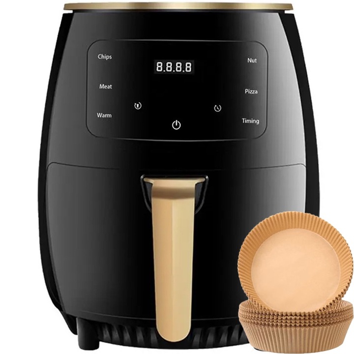 Фритюрник с горещ въздух, без олио, HOZRO Air Fryer, мощност 2400 W, 6L капацитет, цифров дисплей, 6 функции за готвене, черен + 50 тави за печене