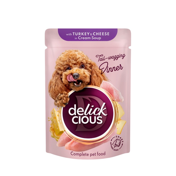 DELICKCIOUS™ teljes értékű nedves eledel felnőtt kutyáknak - "Pulyka- és sajtcsíkok krémlevesben", 85g