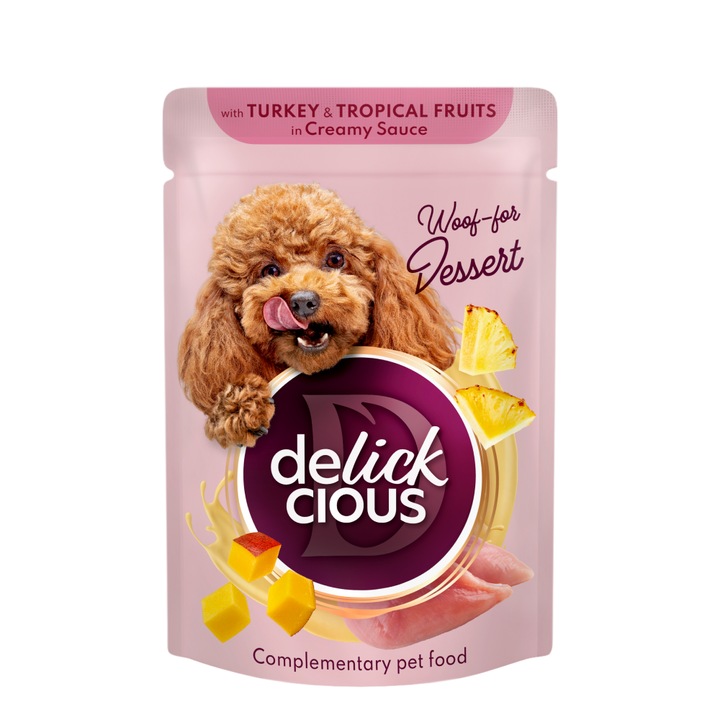 DELICKCIOUS™ teljes értékű nedves eledel felnőtt kutyáknak "Csirke és trópusi gyümölcsök krémes szószban", 80g