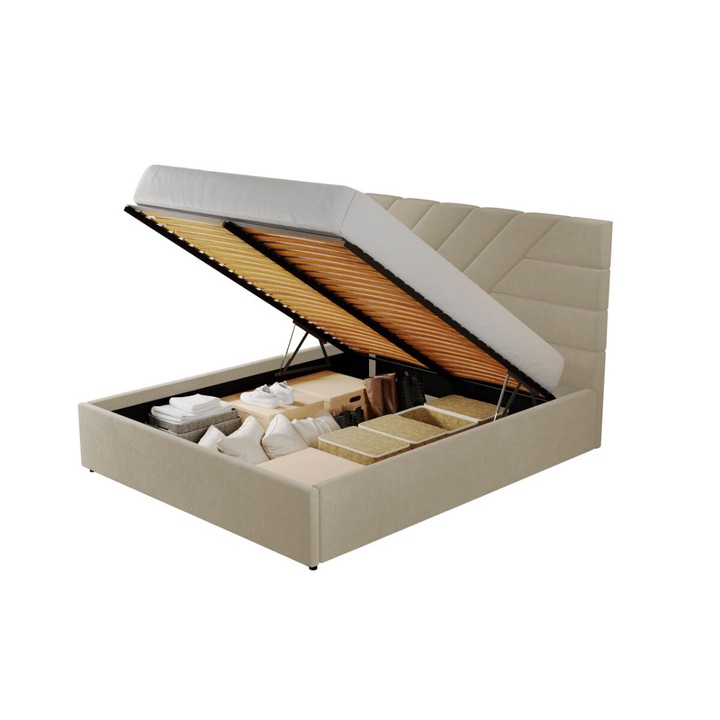 Pat dublu tapitat Bali, cadru lemn si pal, 140x200 cm, crem, cu somiera rabatabila si lada depozitare