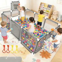 Tarc de joaca pentru copii Morovan, Tarc centru de activitati pentru copii, cu plasa respirabila, cu cos de baschet si poarta de fotbal, usa cu fermoar, robust si sigur, 182x122x64 cm, Varsta 0-5 ani, Gri