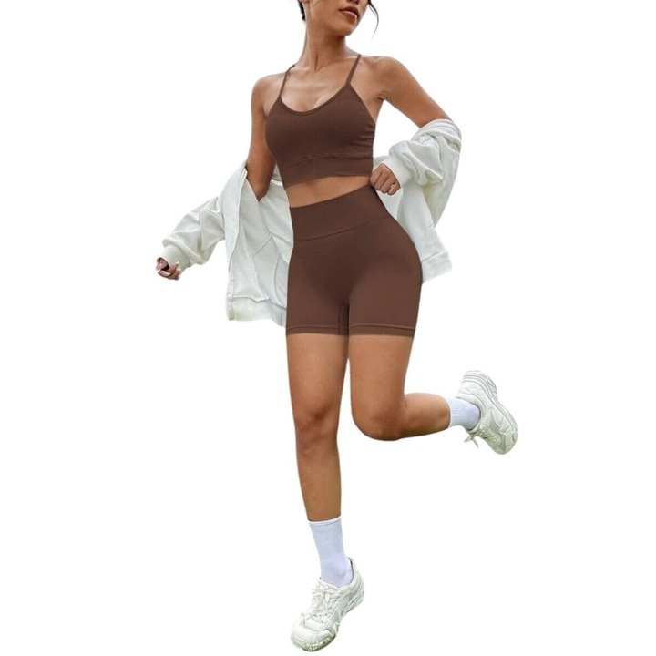 Set fitness din 2 piese, Top fara spate + Colanti scurti, Maro