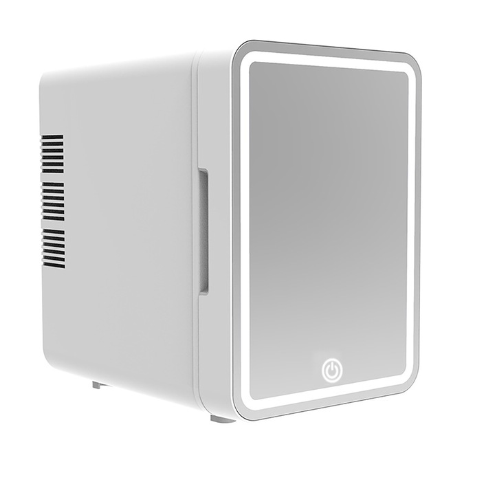 Мини козметичен хладилник, Morovan, Мини хладилник за кола, Три интензитета на осветление, Функция отопление/охлаждане, бактерицидна лампа, Преносим, Огледална врата, за кола и дома, за напитки, козметика, 12L, 24x26x35cm, бял