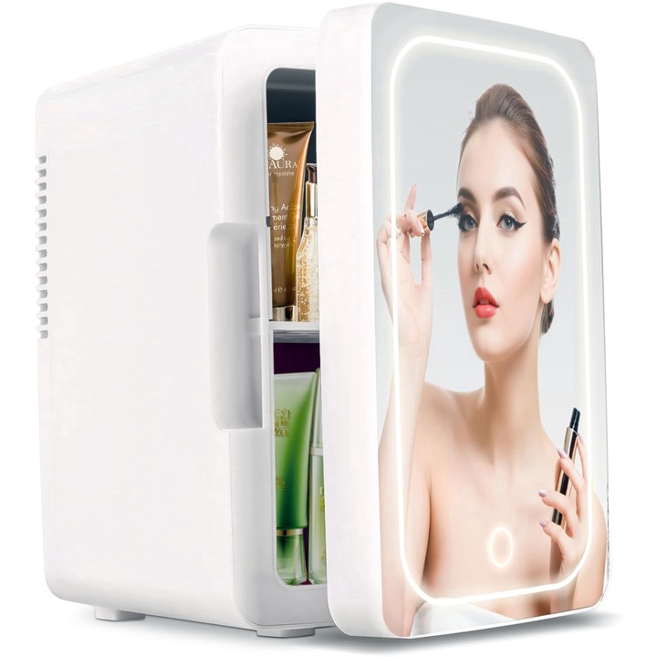 Mini frigider cosmetice, Morovan, Mini frigider pentru auto, Mod de iluminare cu trei intensitati, Functie de incalzire/racire, lampa germicida, Portabil, Usa cu Oglinda, pentru masina si uz casnic, pentru bauturi, cosmetice, 8L, 19x26x28cm, Alb