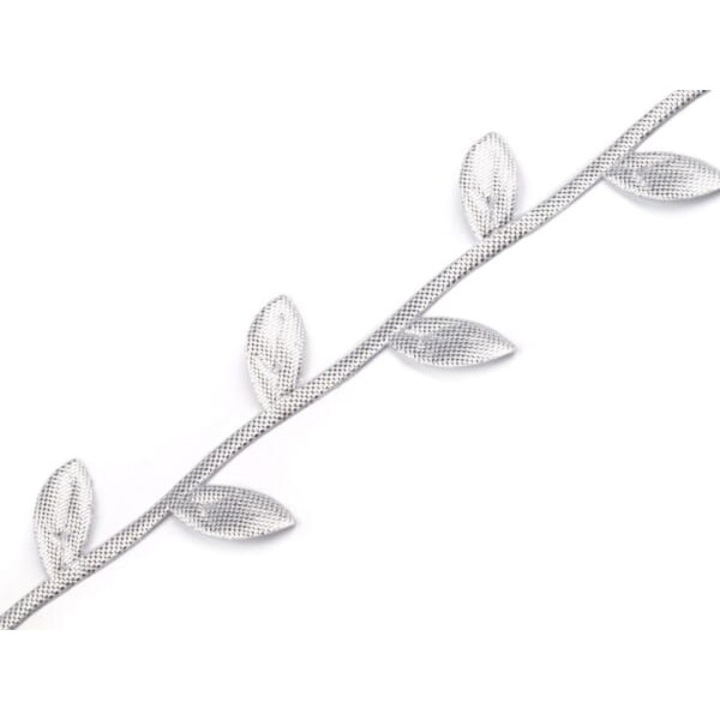 Banda satynata cu motiv de frunze, 25mm, set, argintie, verde, alba