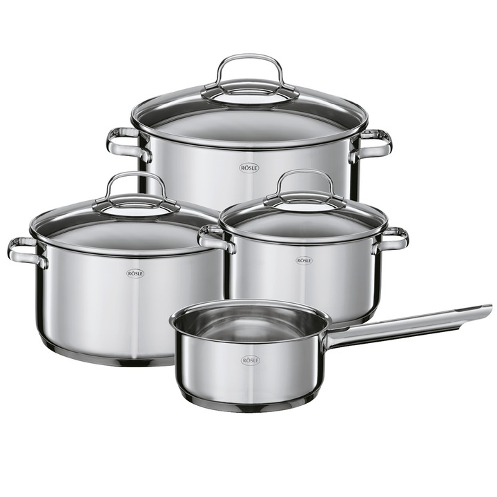 Set vase de gatit Rösle, Elegance, 4 piese, otel inoxidabil, anti-aderente, strat intermediar aluminiu, ideale pentru orice fel de mancare, pentru toare sursele de caldura, usor de curatat, inox