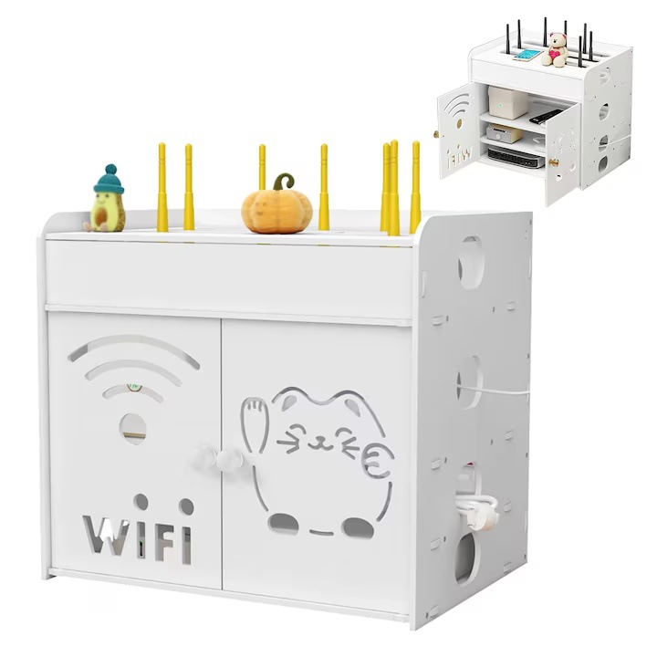 Поддържащ рафт за безжичен рутер, Morovan, с опция за стенен монтаж, Поддържаща кутия за безжичен рутер, за скриване на кабели и WI-FI оборудване, 4 етажа, Двойни врати, пластмаса, кабелна опора, 36x26,5x32,5 см, Бял