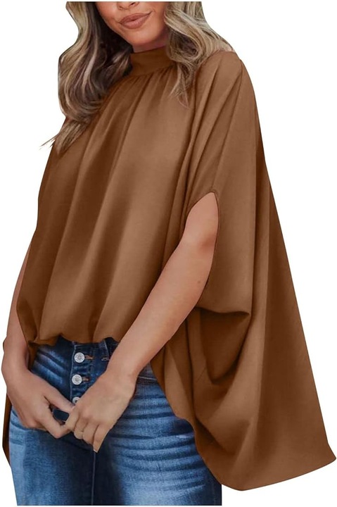 Bluza dama, Import, satin, maneci scurte, maro, XL INTL